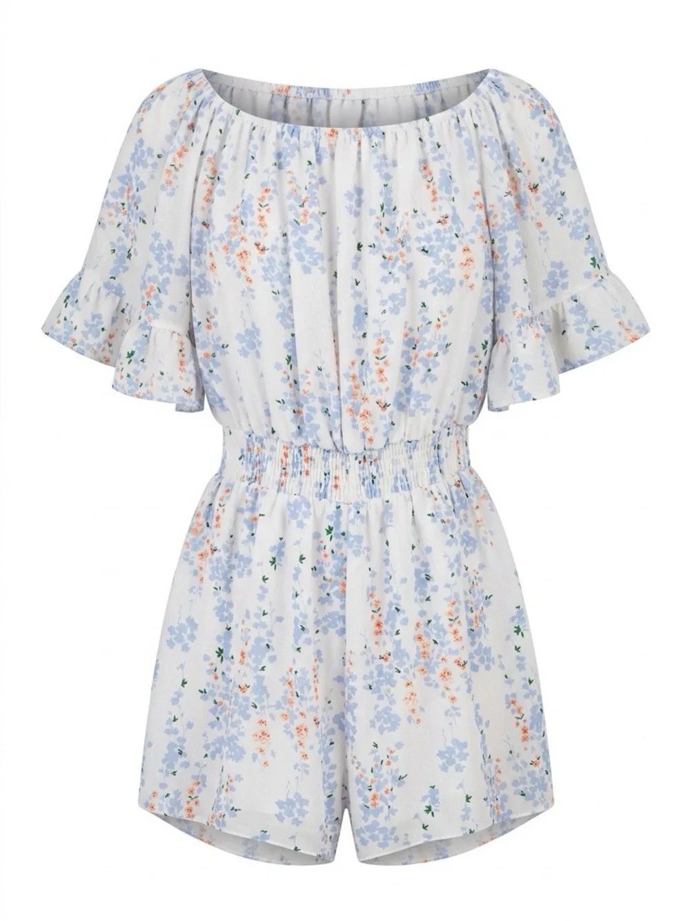 White Off-Shoulder Crepe Floral Romper with Blue and Peach Accents